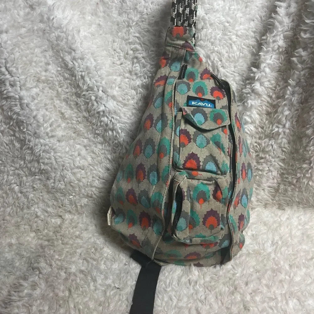 Limited edition Kavu Rope sling bag Canvas gray ,Orange,blue & purple print.